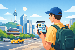 Essential mobile apps for traveling in South Korea shown on a smartphone with Seoul city landmarks in the background